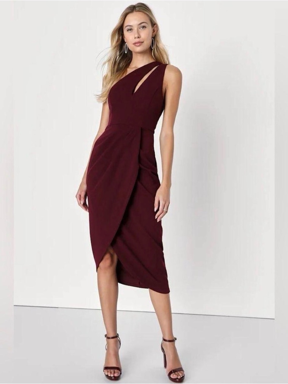 Lulu's One-Shoulder Cutout Wrap Midi Dress in Burgundy